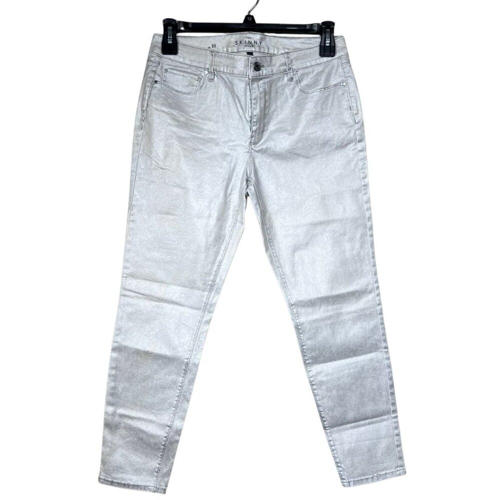 White House Black Market Jeans Womens 10 Silver Metallic Skinny Ankle Mid Rise
